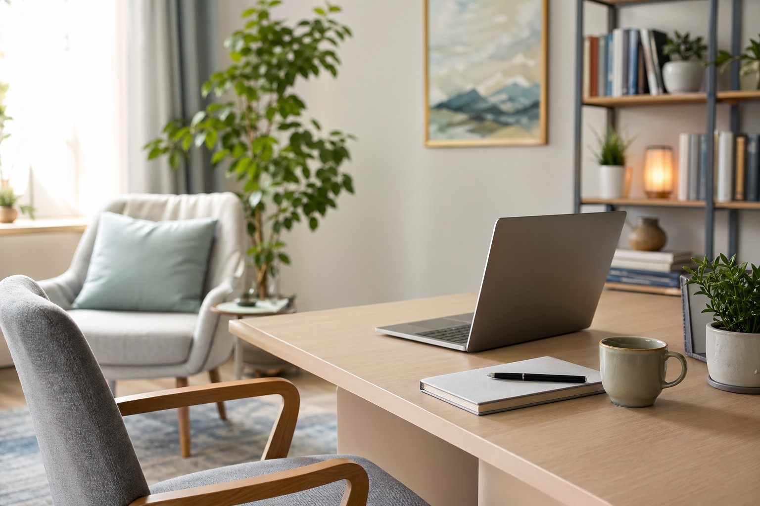 Espacio cálido de terapia online con laptop, libreta y plantas